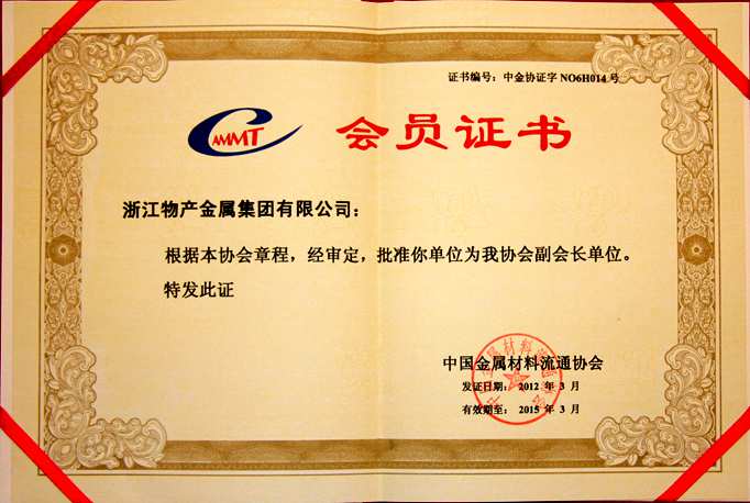 Year 2012: Executive Vice President Company of China Metal Materials Circulation Association;