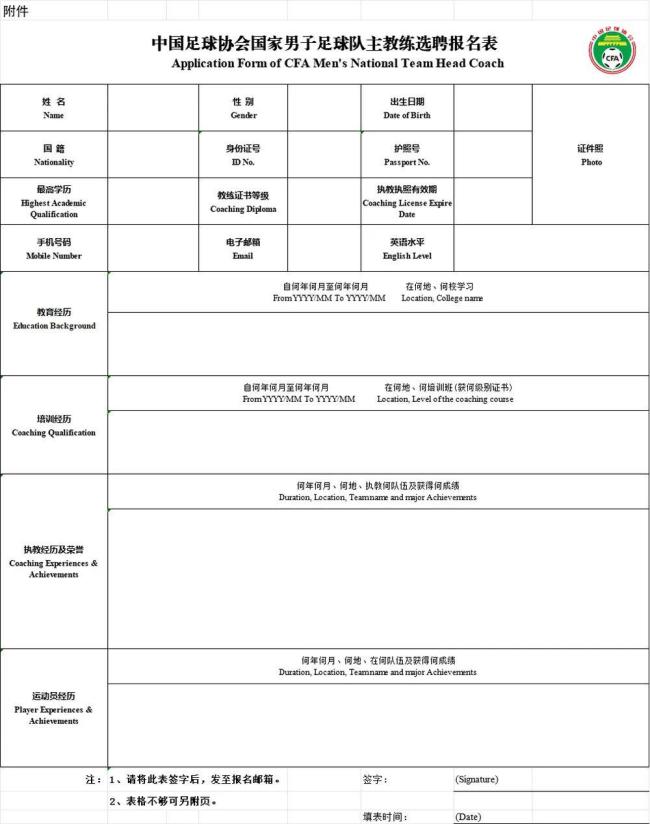 国足主教练公开选聘